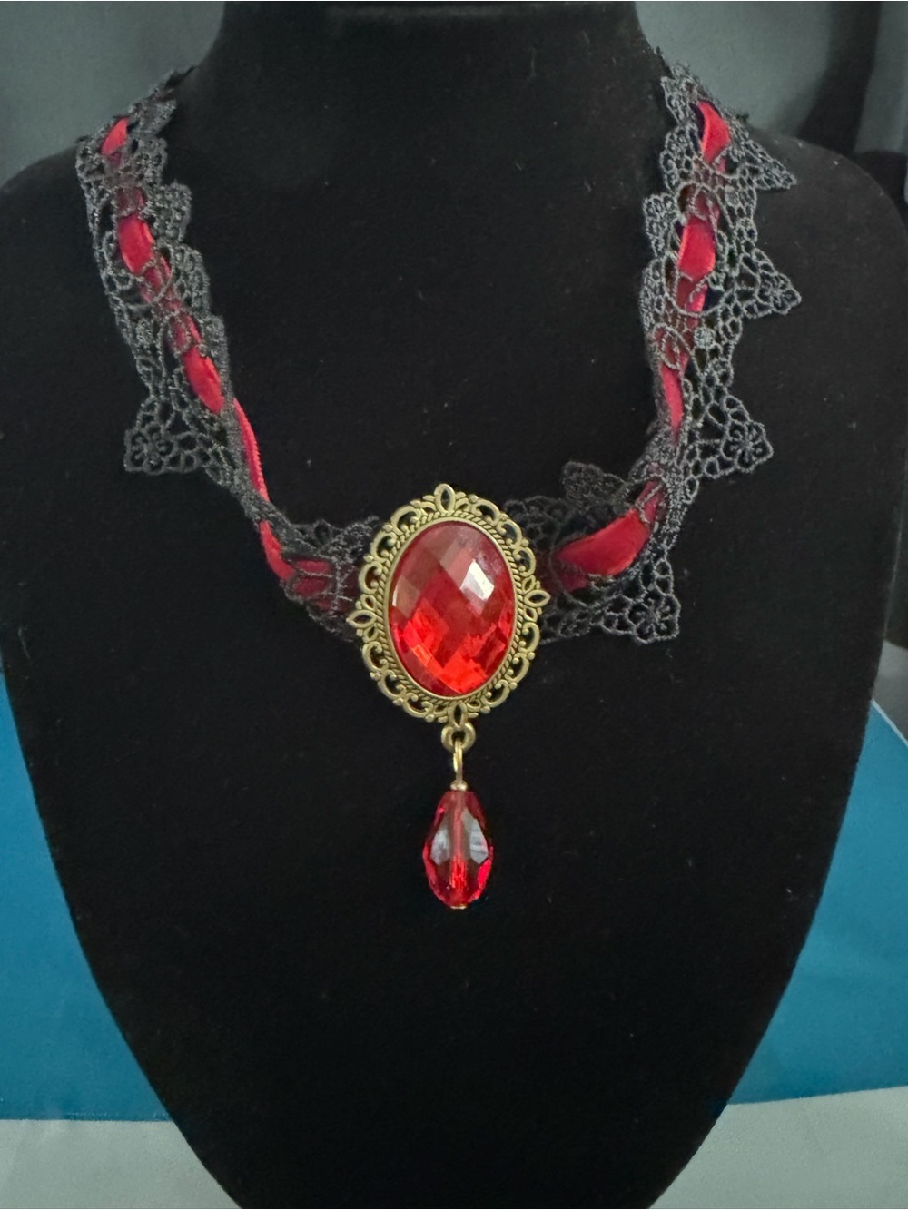 Red Lace Ribbon Choker Necklace with Antique Gold Pendant